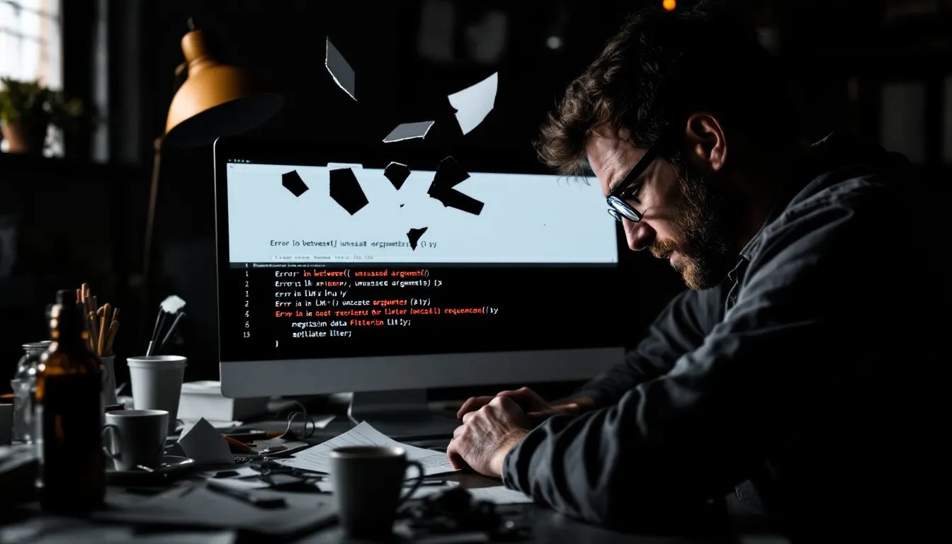R programmer troubleshooting dplyr between() and lm() function errors, with error messages and broken regression graph on screen.