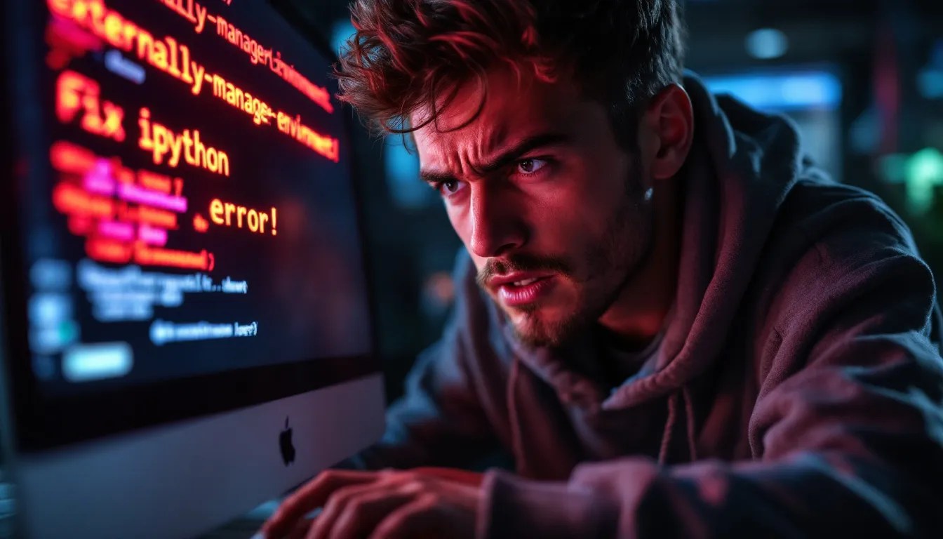 Developer facing 'externally-managed-environment' error while installing IPython on macOS terminal, with bold text highlighting the fix.