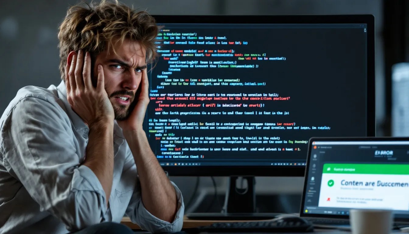 Developer struggling with PNG to PDF conversion errors, showing a coding screen with an error message and a fixed PDF file in the foreground.