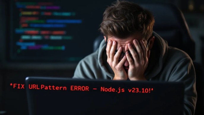 Frustrated developer in front of a screen displaying 'Uncaught ReferenceError: URLPattern is not defined' error in Node.js v23.10 with bold 'FIX URLPattern ERROR' text overlay.