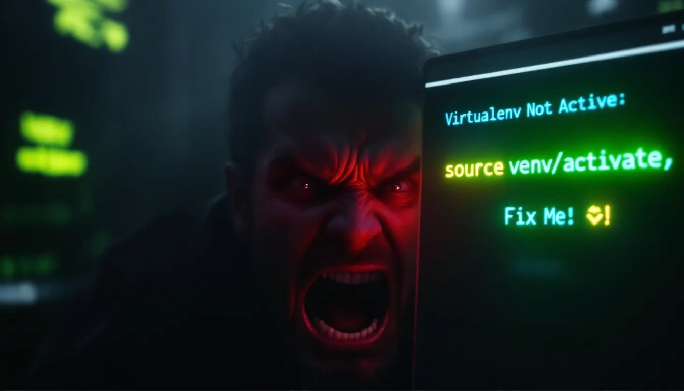 Developer troubleshooting 'Virtualenv Not Active' error in terminal with a corrected activation command.