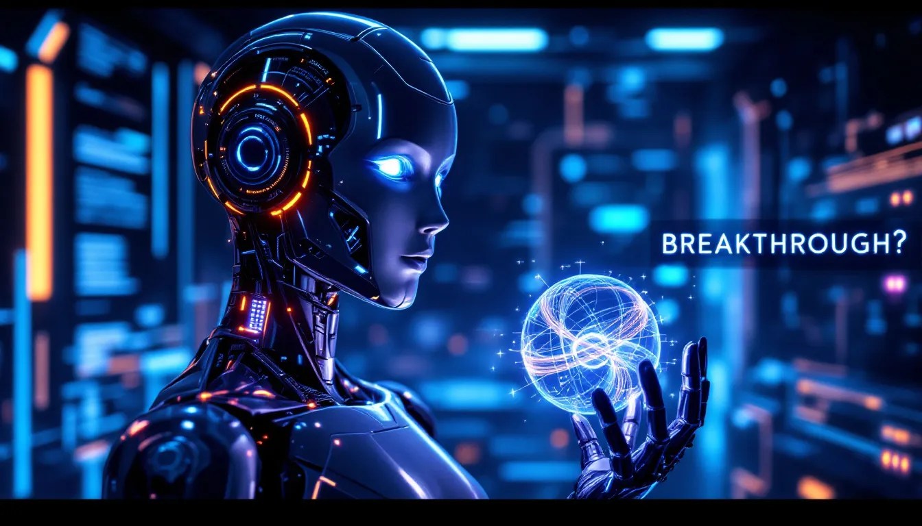 Futuristic AI-powered humanoid robot with glowing blue eyes using advanced AI technology in a high-tech laboratory.