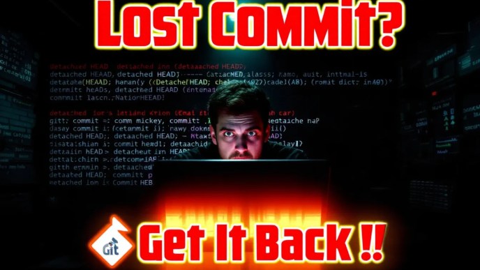Illustration of a puzzled developer retrieving a lost Git commit using a terminal with detached HEAD warnings.