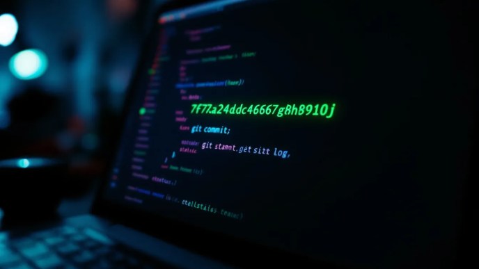 Git commit hash highlighted on a terminal screen, showcasing an alphanumeric string in green text with Git commands in the background.