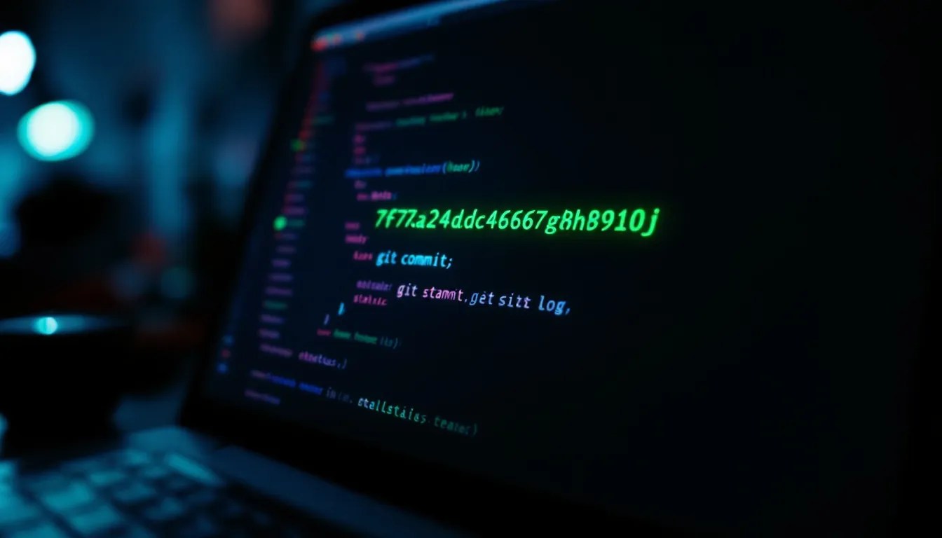 Git commit hash highlighted on a terminal screen, showcasing an alphanumeric string in green text with Git commands in the background.