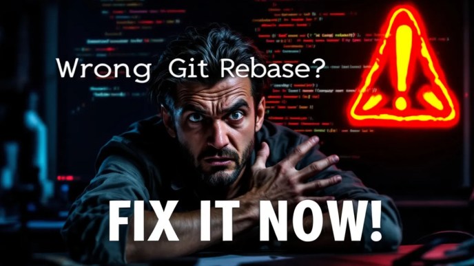 Frustrated developer looking at a Git error on the terminal with a warning icon, representing a mistaken Git rebase and how to fix it.