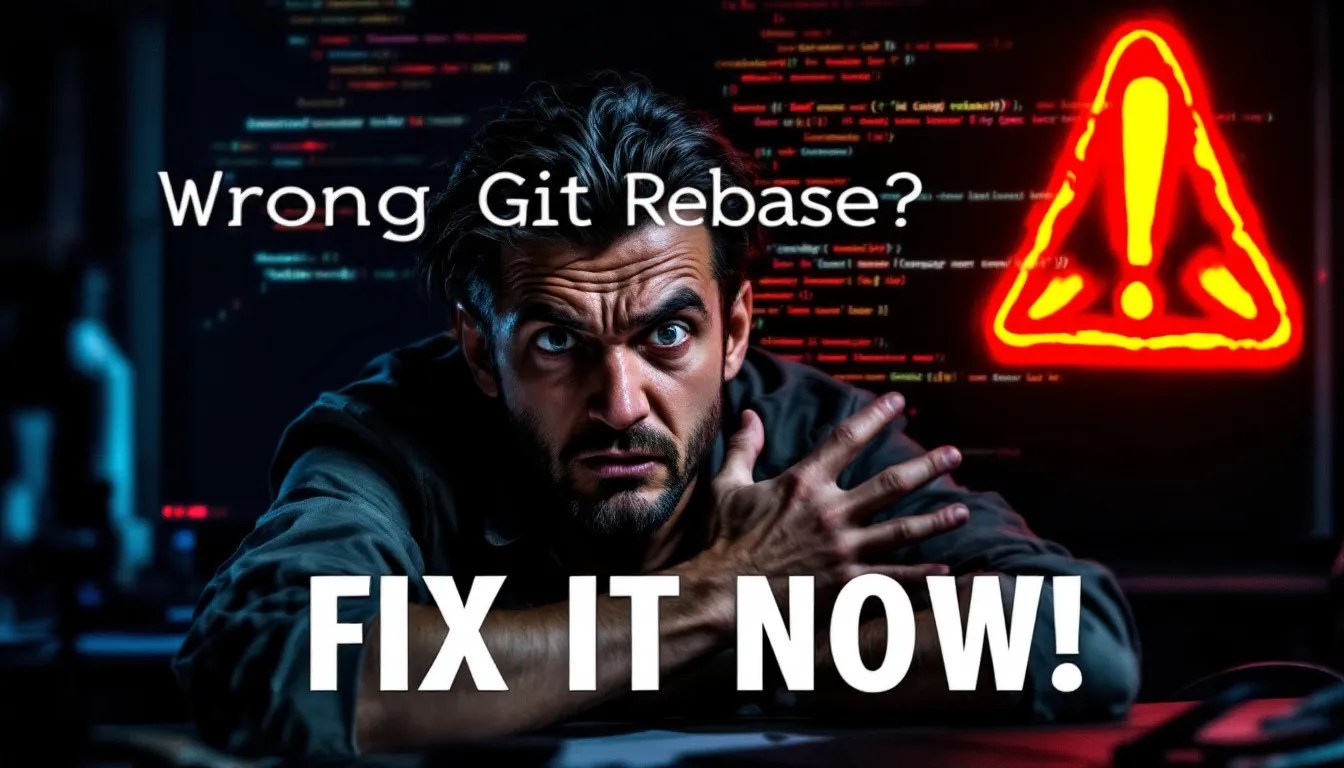 Frustrated developer looking at a Git error on the terminal with a warning icon, representing a mistaken Git rebase and how to fix it.