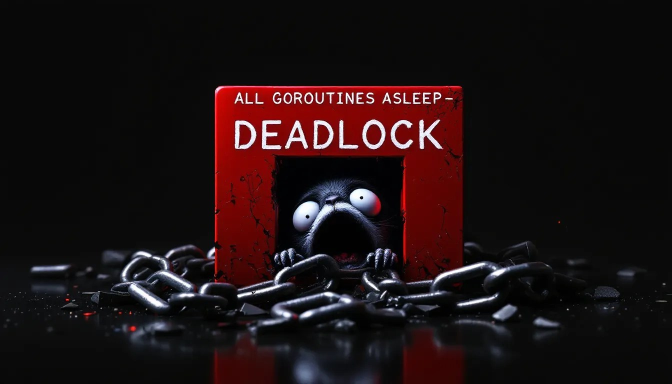 Go Gopher trapped in a deadlock error with a glitchy terminal background representing goroutine issues in Go.