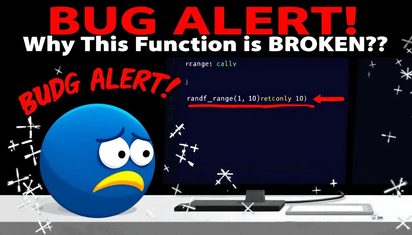 Godot engine mascot shocked at a bug in the randf_range callv function, showing incorrect random number outputs on screen.