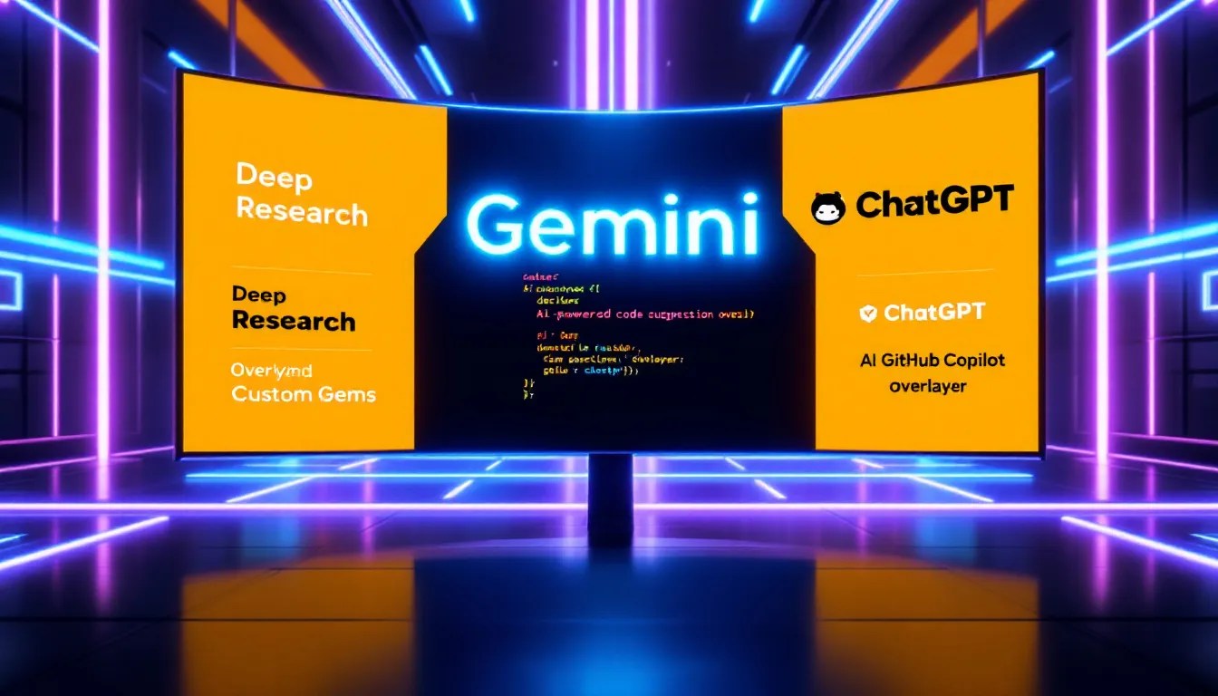Google Gemini AI interface showcasing Deep Research and Custom Gems, with futuristic neon lights, AI-powered code suggestions, and a comparison to ChatGPT and GitHub Copilot.