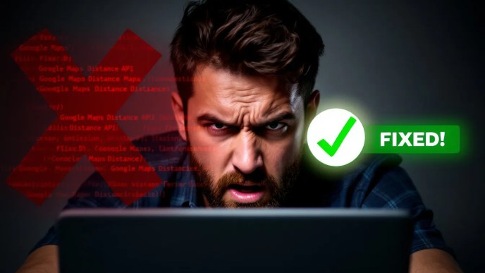 Google Maps Distance API error message on a developer's screen with a troubleshooting fix highlighted.