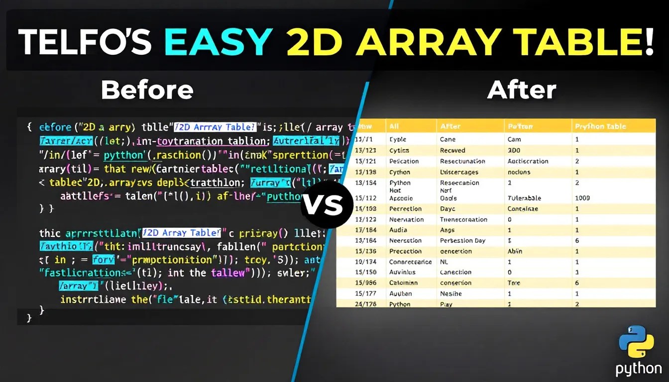 Visual representation of a 2D array displayed as a table using Python, showing a before-and-after formatting comparison.
