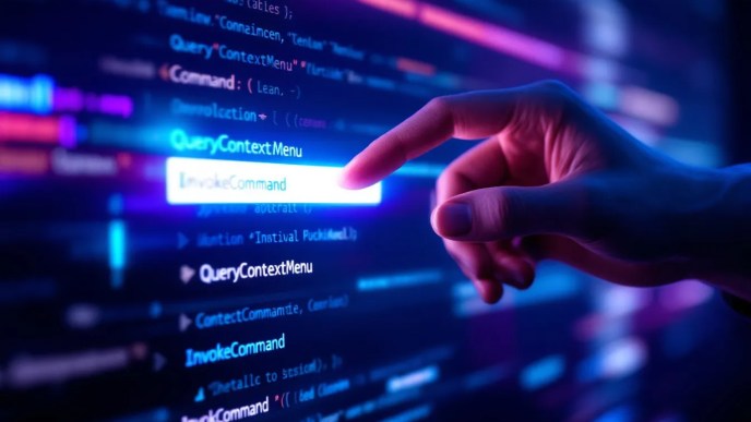 Illustration of a Windows right-click context menu with coding elements like QueryContextMenu and InvokeCommand, highlighting IContextMenu implementation best practices.