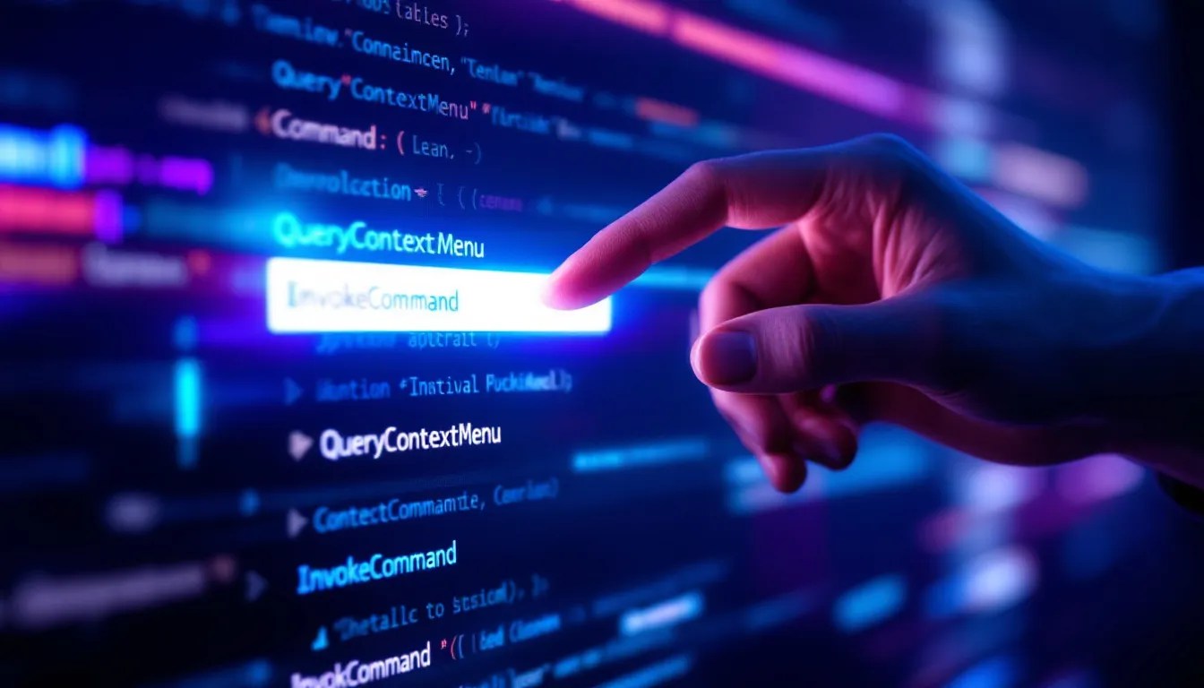 Illustration of a Windows right-click context menu with coding elements like QueryContextMenu and InvokeCommand, highlighting IContextMenu implementation best practices.