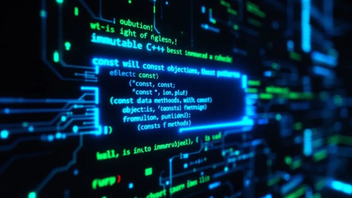 Illustration of glowing C++ code highlighting const structures, symbolizing immutability with a high-tech futuristic design interface.
