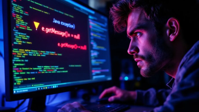 Java developer troubleshooting e.getMessage() returning null with an error message displayed on screen.