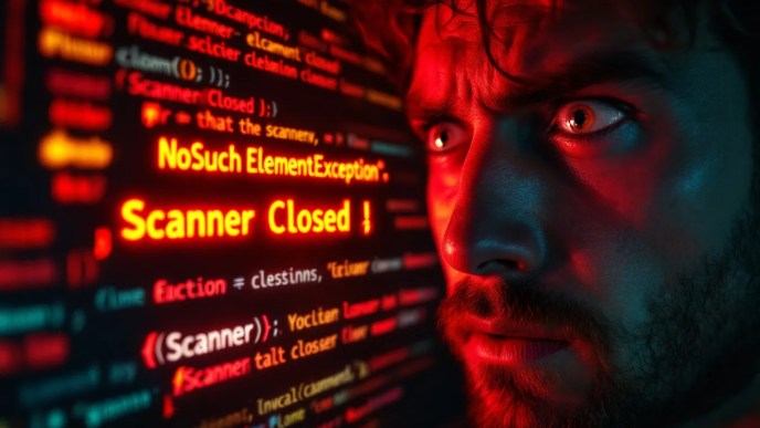 Frustrated Java developer facing NoSuchElementException error due to improper Scanner closure, with a warning symbol and error message visible on the terminal screen.