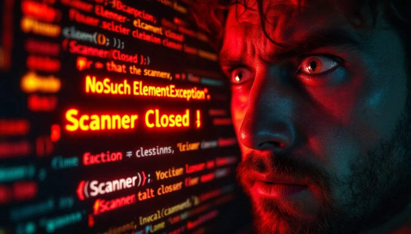 Frustrated Java developer facing NoSuchElementException error due to improper Scanner closure, with a warning symbol and error message visible on the terminal screen.