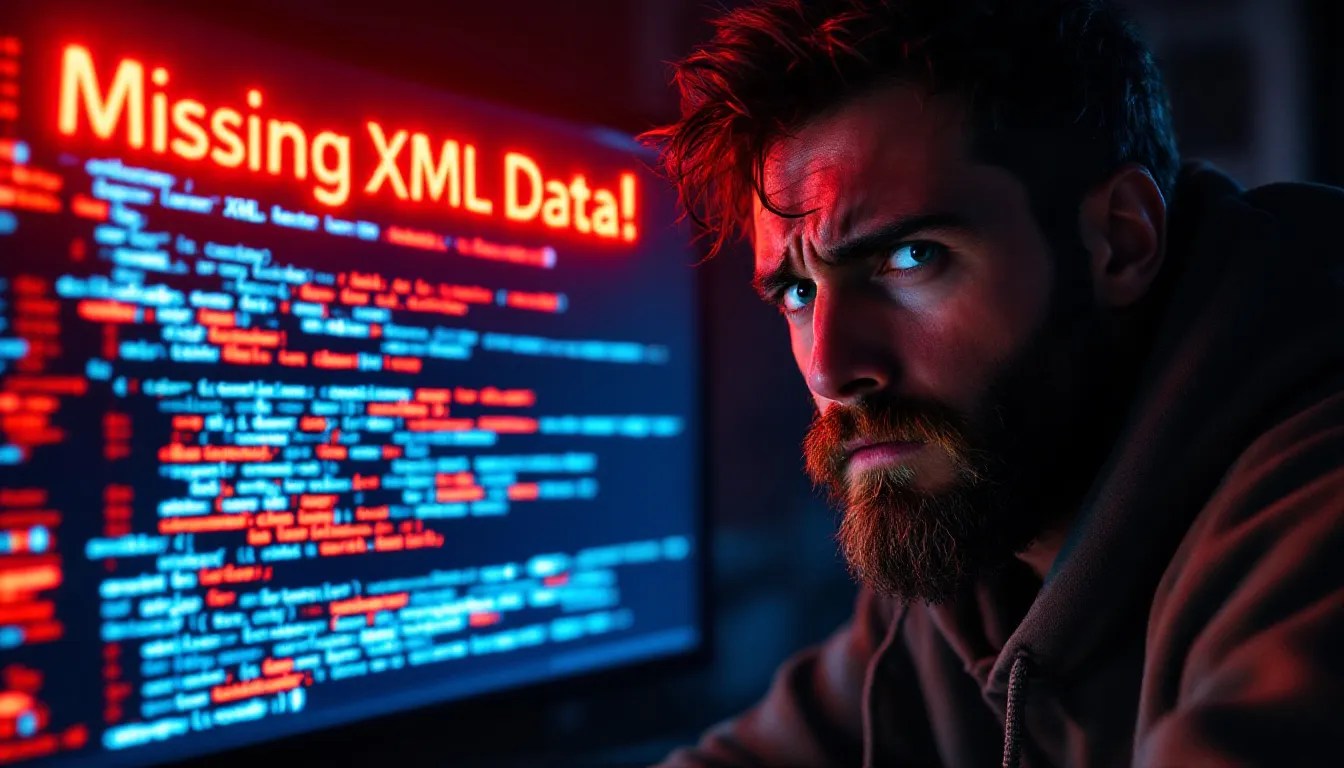 Frustrated Java developer debugging a missing XML segments error with a highlighted XML file showing parsing issues.