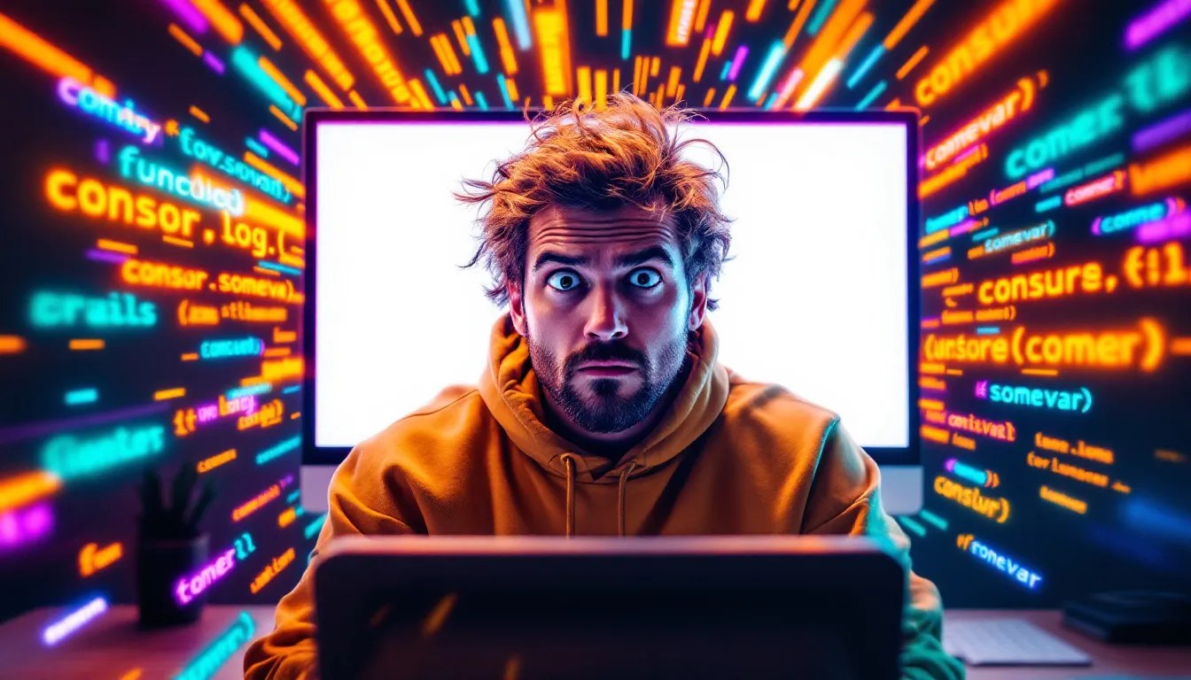 A perplexed JavaScript developer looking at a console output showing `somevar` behaving like an array, emphasizing unexpected array-like behavior in JavaScript.