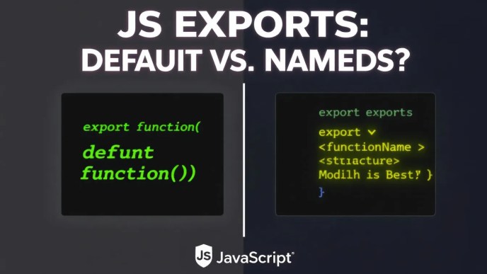 Thumbnail comparing JavaScript default and named exports with highlighted syntax examples, emphasizing their differences and best use cases.