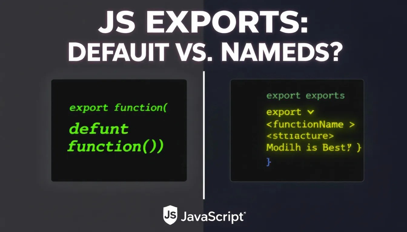 Thumbnail comparing JavaScript default and named exports with highlighted syntax examples, emphasizing their differences and best use cases.
