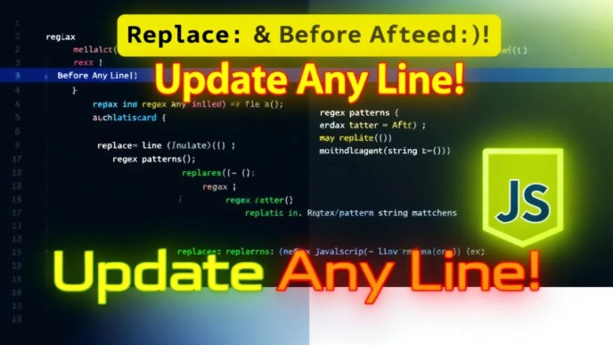 JavaScript regex tutorial thumbnail featuring code editor effect with replace method for updating lines.