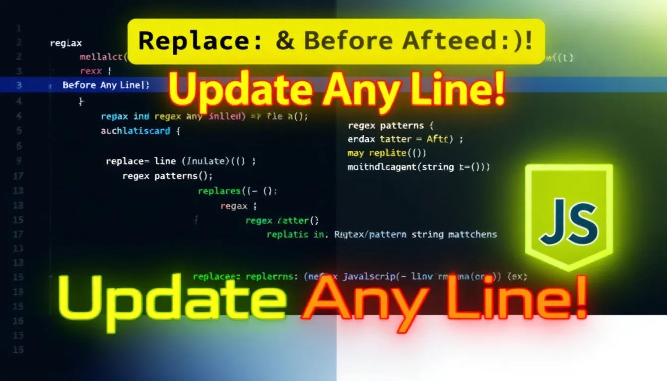 JavaScript regex tutorial thumbnail featuring code editor effect with replace method for updating lines.