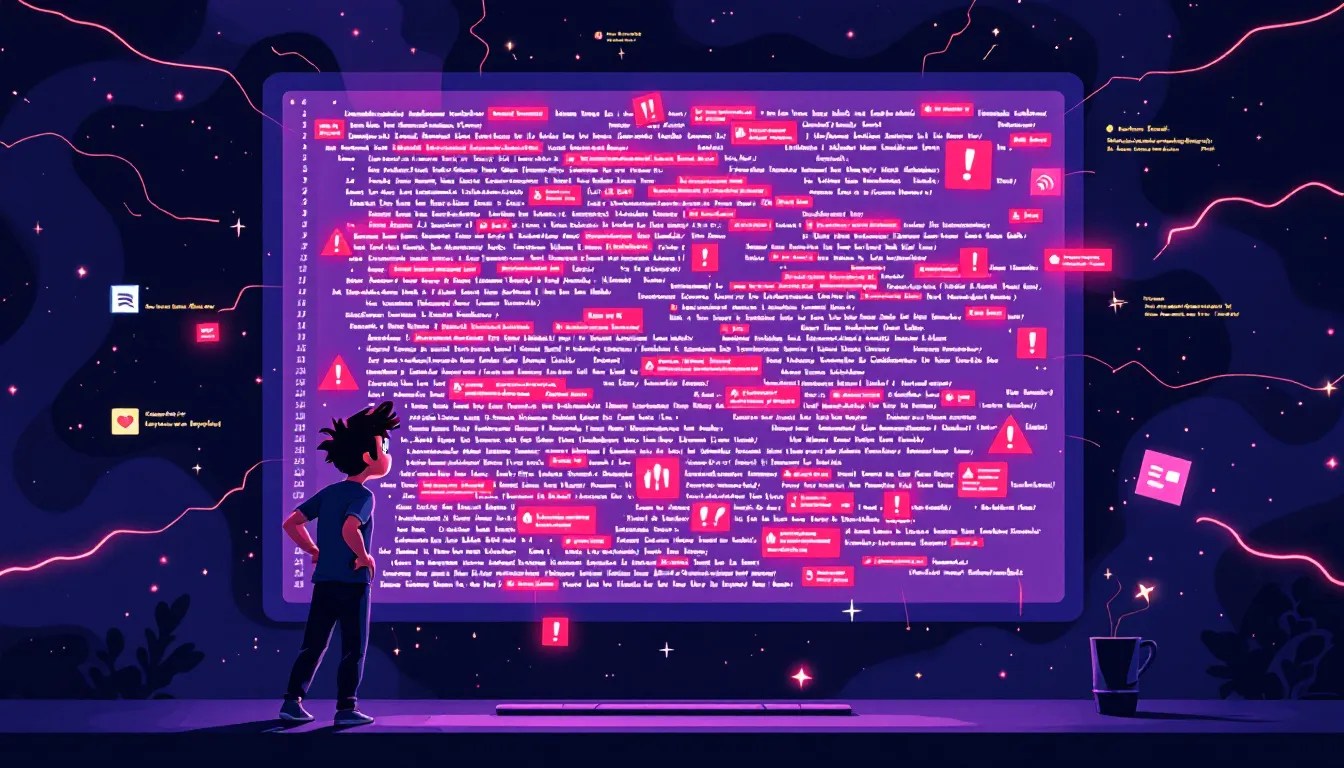 Illustration of a distorted JavaScript-generated table with uneven cells, a confused developer, and highlighted CSS issues.