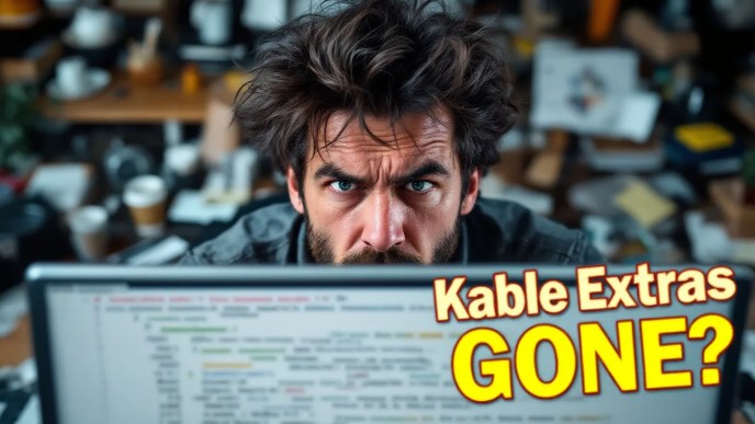 Frustrated developer looking at a table in R Markdown with missing borders. Bold text reads 'KableExtra Borders GONE?!' with a 'FIXED!' solution hint.