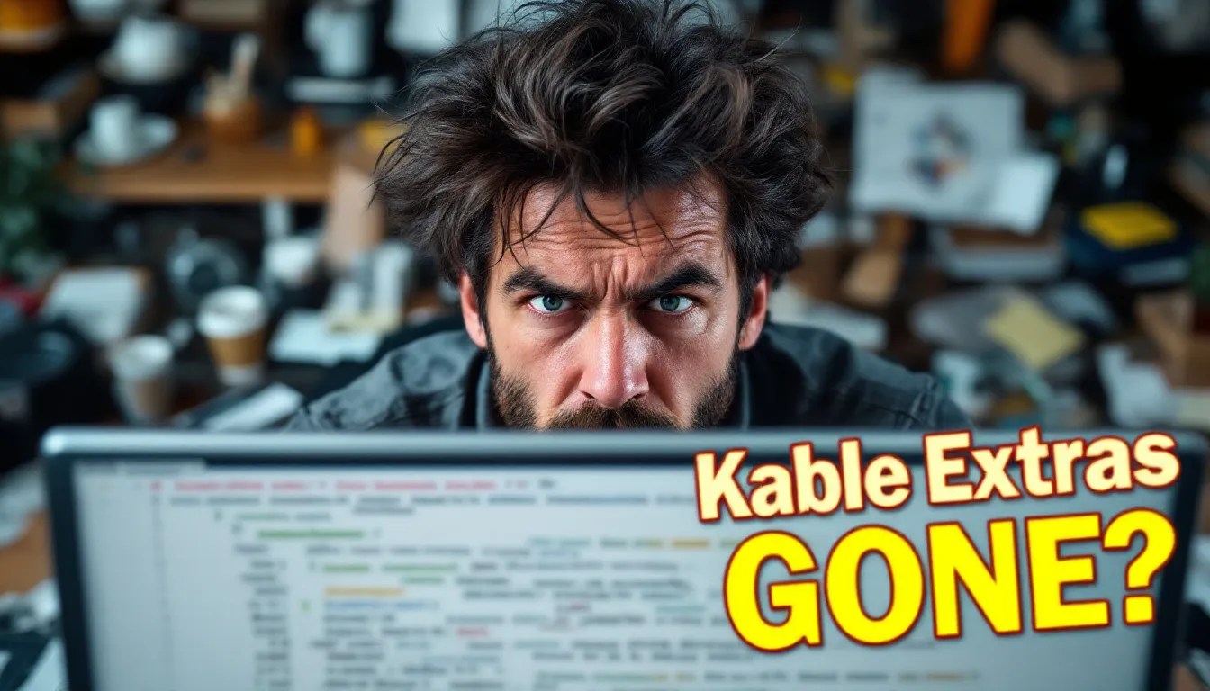 Frustrated developer looking at a table in R Markdown with missing borders. Bold text reads 'KableExtra Borders GONE?!' with a 'FIXED!' solution hint.