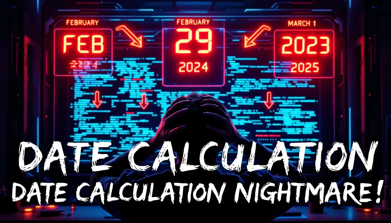 Confused developer struggling with February 29, 2024 date calculations in programming, featuring a digital calendar, coding errors, and leap year complexity.