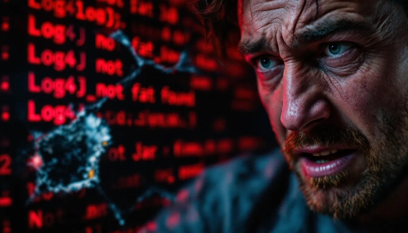 Illustration of a frustrated developer staring at a terminal with 'Log4J Implementation Not Found' error, symbolizing missing dependencies in a fat JAR.