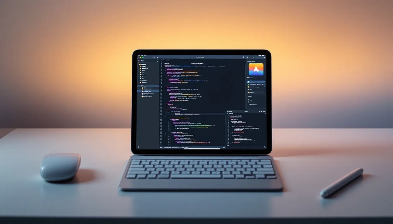 M3 iPad Air on a modern desk setup with Xcode open, showcasing its power for developers and tech professionals.