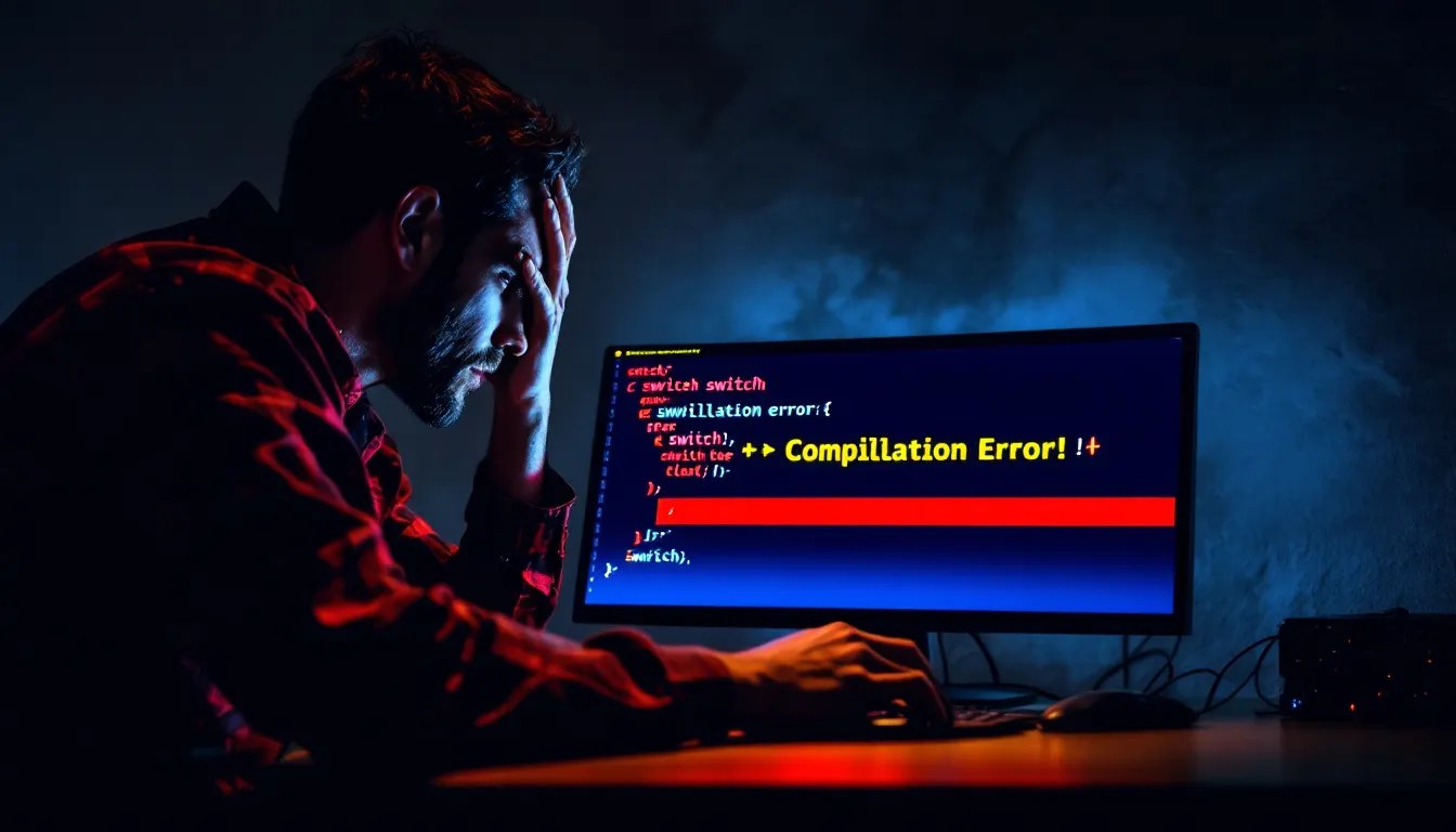 Frustrated programmer looking at a C++ switch statement error caused by a macro with a comma operator, with a red warning symbol highlighting the issue.