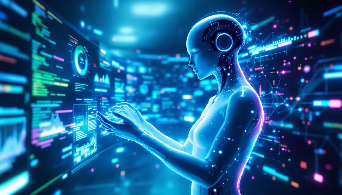 Futuristic concept of Manus AI, a next-gen AI assistant performing advanced tasks like coding, journalism research, and structured data analysis on a glowing digital interface.