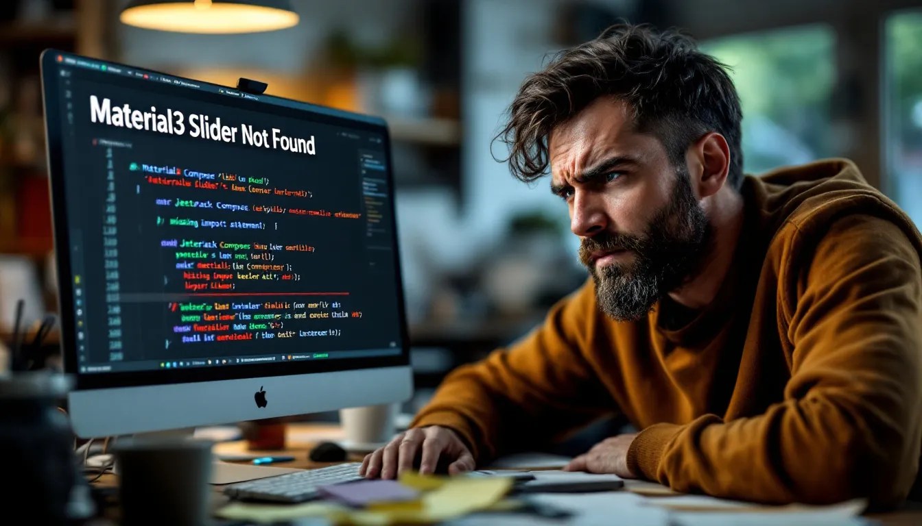 Developer troubleshooting 'Material3 Slider Not Found' error in Jetpack Compose with Android Studio open.