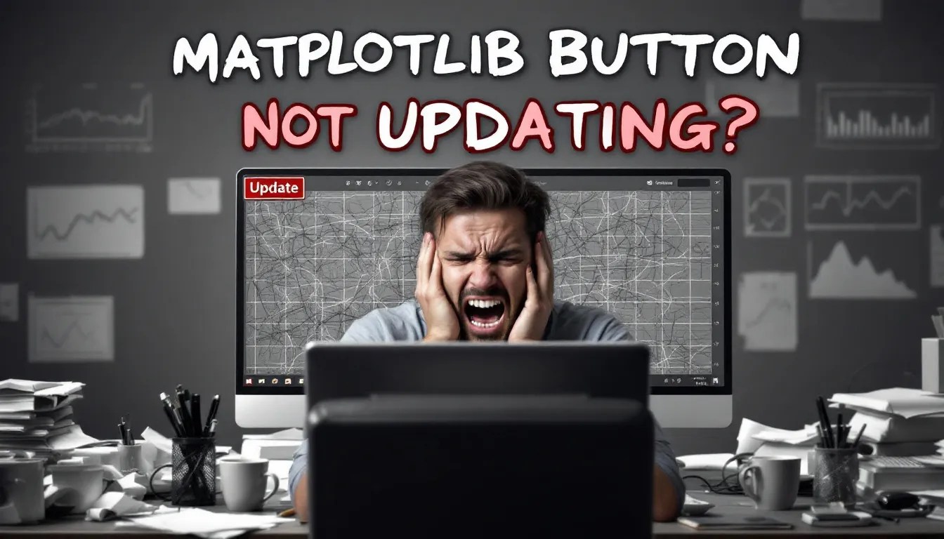 A frustrated developer looking at a Matplotlib error on their screen, with a broken button UI failing to update the plot, overlaid with urgent text: 'Matplotlib Button Not Updating?! FIX IT!'