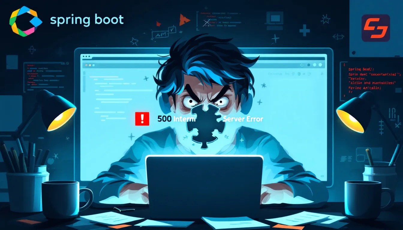 Frustrated developer looking at a screen with MockMvc test failure messages and Spring Boot code.