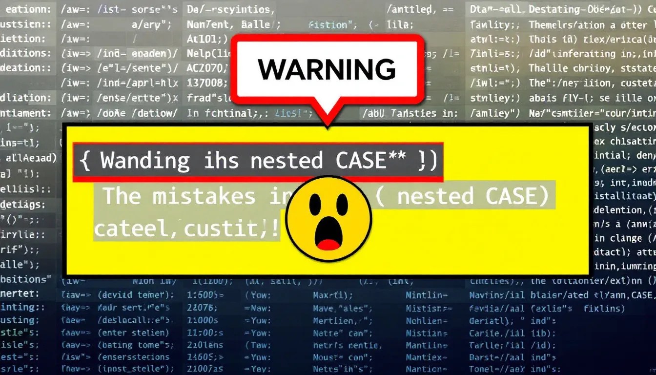 SQL code snippet showing a nested CASE statement error with warning signs, highlighting common querying mistakes.