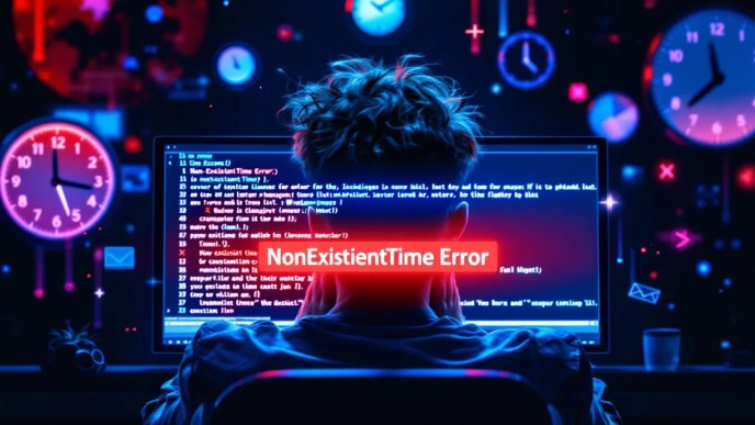 Software developer frustrated over NonExistentTime error in Python, looking at a screen with pandas timestamp code and daylight saving time complexity.