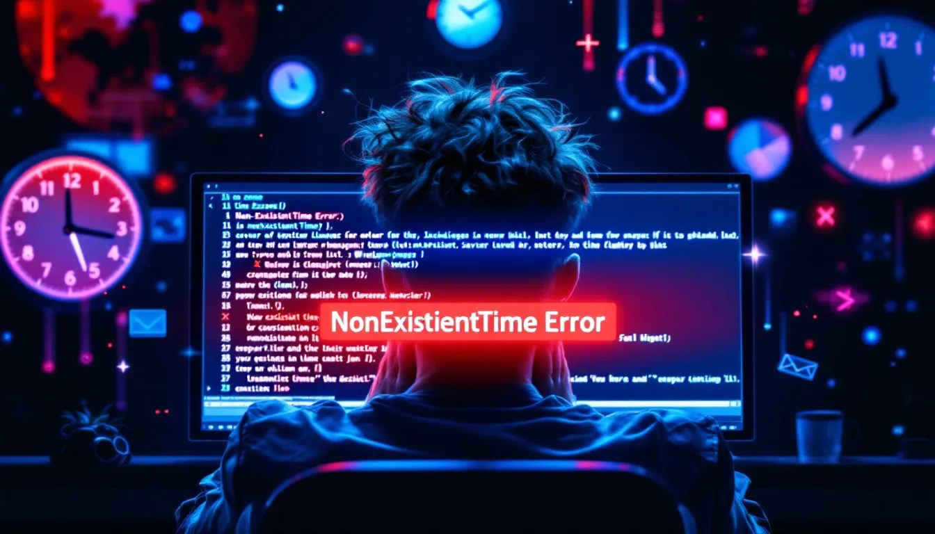 Software developer frustrated over NonExistentTime error in Python, looking at a screen with pandas timestamp code and daylight saving time complexity.