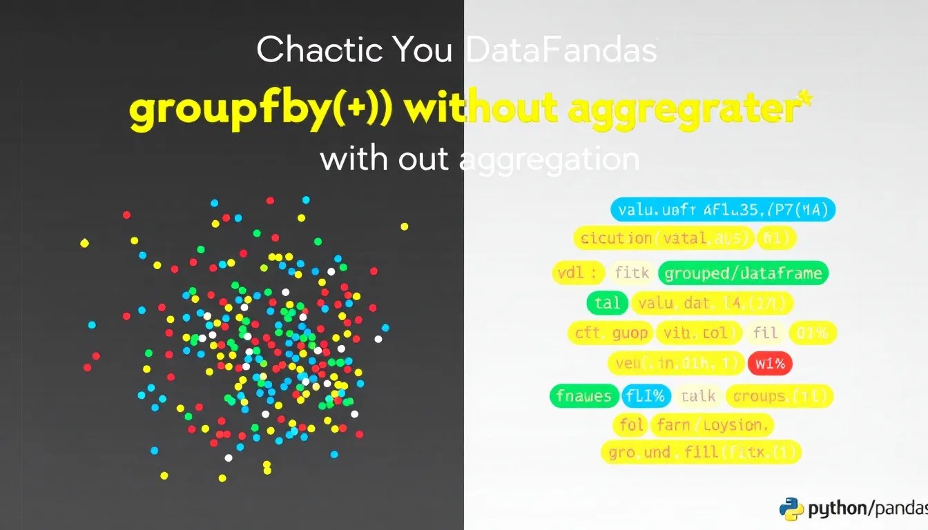 Pandas groupby function without aggregation shown in a split-screen DataFrame with ungrouped and organized data, revealing alternative methods for structuring datasets effectively.