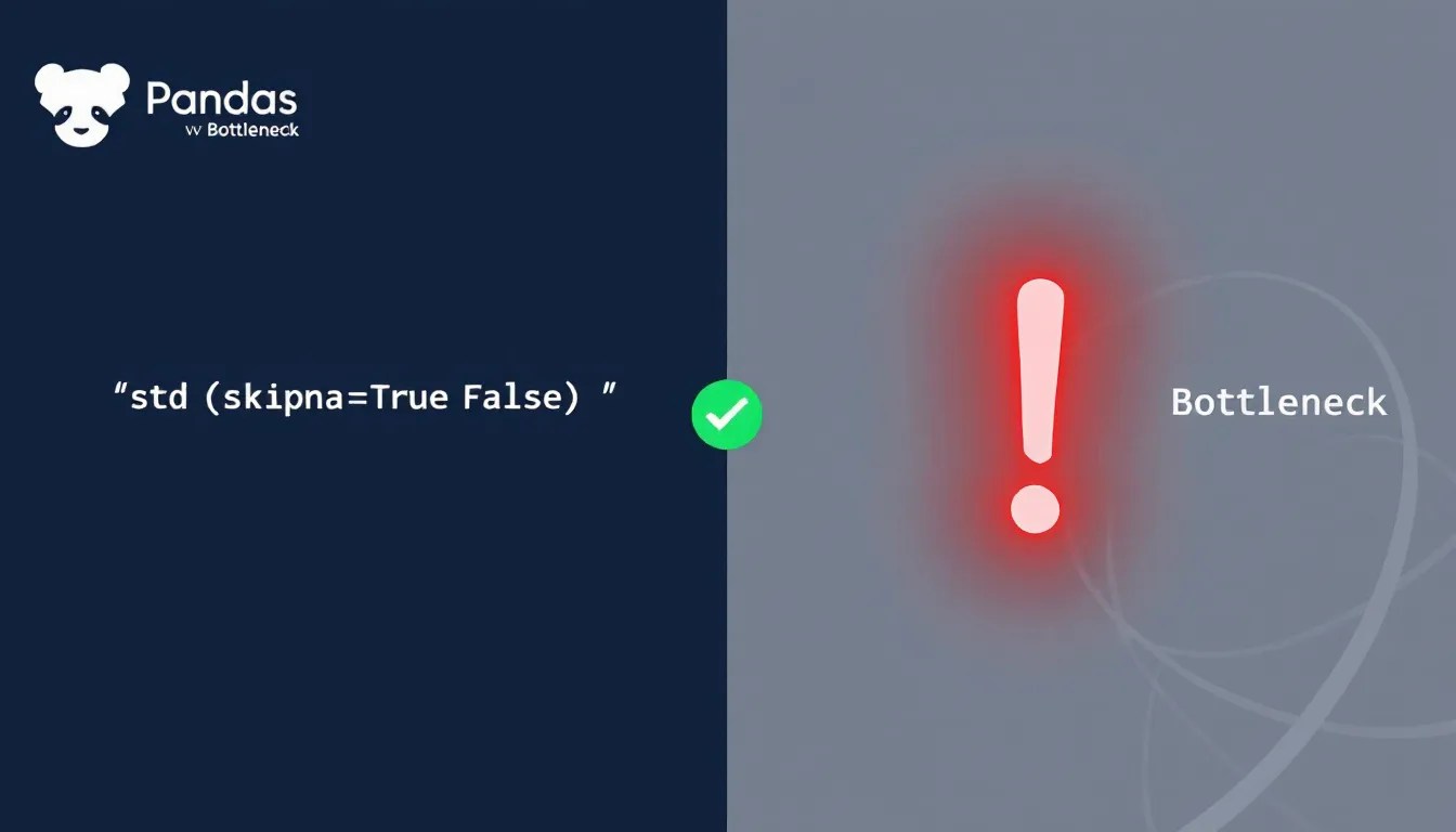 Visual comparison of Pandas std(skipna=True) and std(skipna=False) showing different results, emphasizing floating-point precision and Bottleneck library influence.