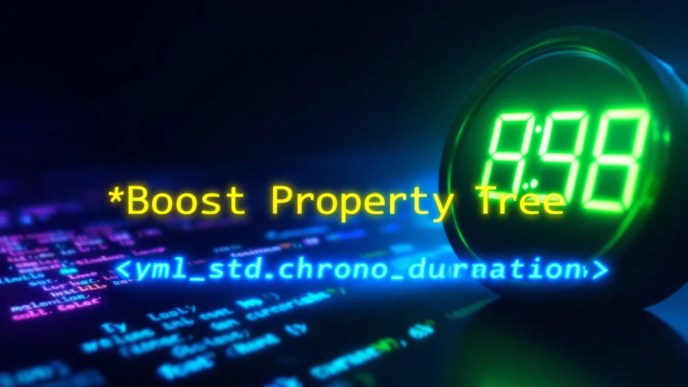 XML code with std::chrono::duration parsing overlay, featuring Boost Property Tree elements in a coding-themed style.