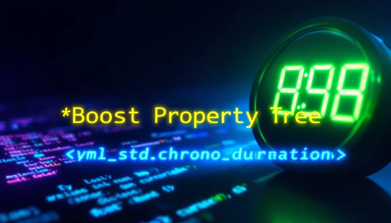 XML code with std::chrono::duration parsing overlay, featuring Boost Property Tree elements in a coding-themed style.