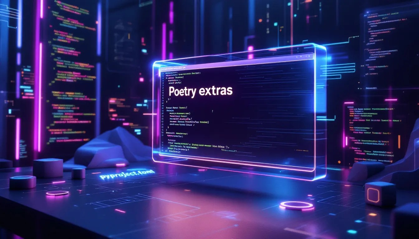 A high-tech illustration showcasing pyproject.toml configuration for Poetry extras with glowing terminal screens and dynamic programming elements.