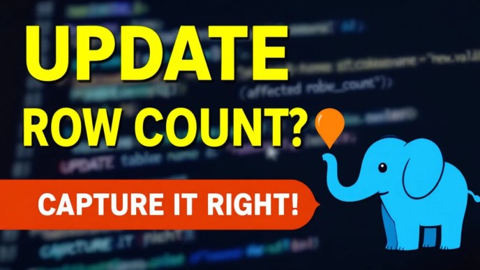 PostgreSQL affected row count to variable illustration featuring SQL code snippets and PostgreSQL logo.