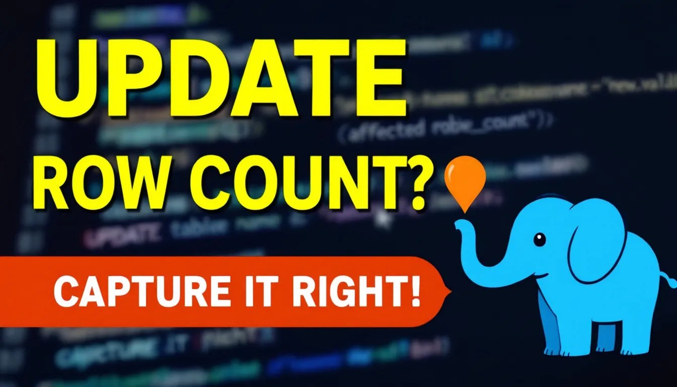 PostgreSQL affected row count to variable illustration featuring SQL code snippets and PostgreSQL logo.