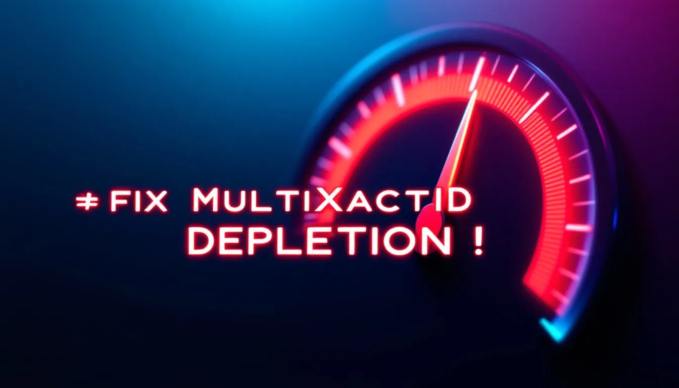 PostgreSQL database optimization alert with speedometer gauge showing performance improvements and text 'FIX MultiXactID DEPLETION!'